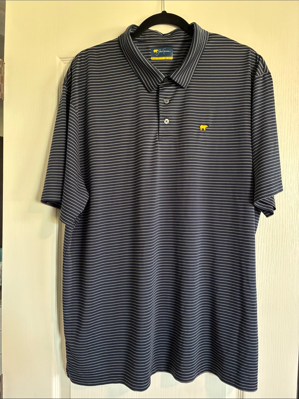 Striped Navy Polo with Yellow Logo - Men's Classic Short Sleeve